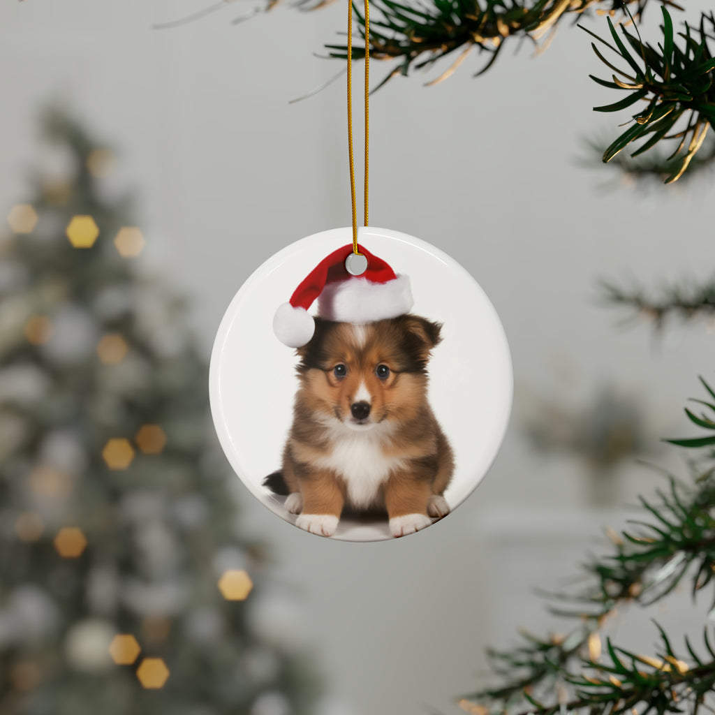 Hanging Ceramic Christmas Tree Ornament with Gold String - Shetland Sheepdog Puppy Design, view 3