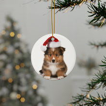DistinctInk Hanging Ceramic Christmas Tree Ornament with Gold String - Great Gift/Present - 2 3/4 inch Diameter - Shetland Sheepdog Puppy Design