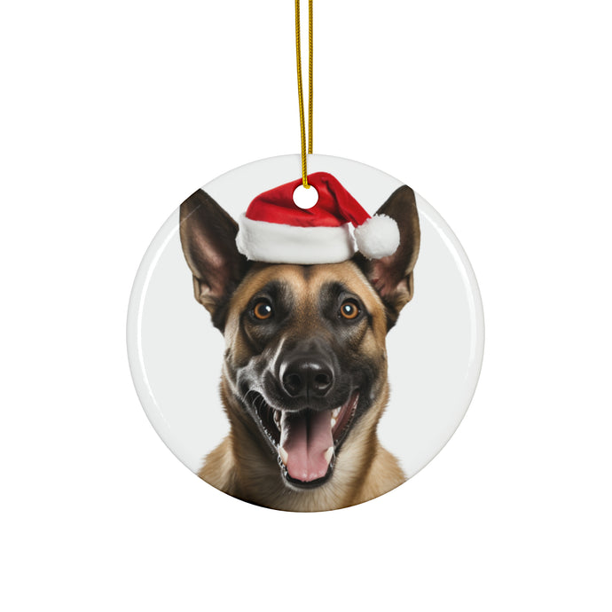 DistinctInk Hanging Ceramic Christmas Tree Ornament with Gold String - Great Gift/Present - 2 3/4 inch Diameter - Belgian Malinoi Design