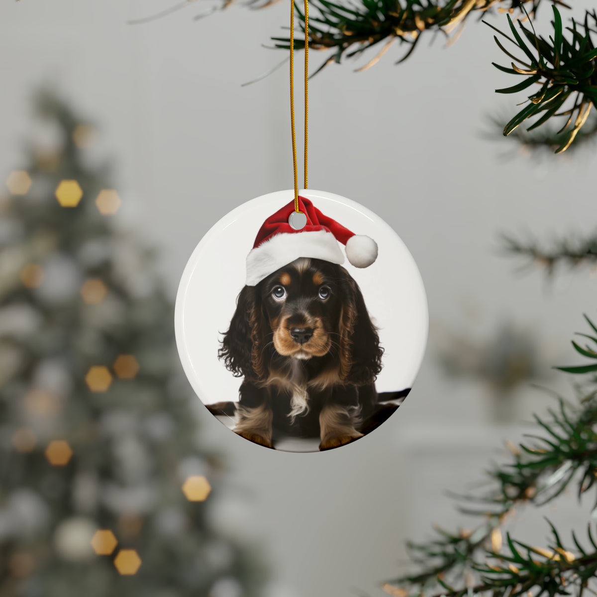 Hanging Ceramic Christmas Tree Ornament with Gold String - English Cocker Spaniel Puppy Design, view 3