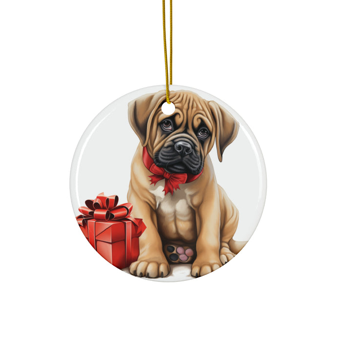 DistinctInk Hanging Ceramic Christmas Tree Ornament with Gold String - Great Gift/Present - 2 3/4 inch Diameter - Boerboel Puppy Drawing Design