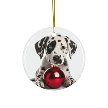 DistinctInk Hanging Ceramic Christmas Tree Ornament with Gold String - Great Gift/Present - 2 3/4 inch Diameter - Dalmatian Puppy Design