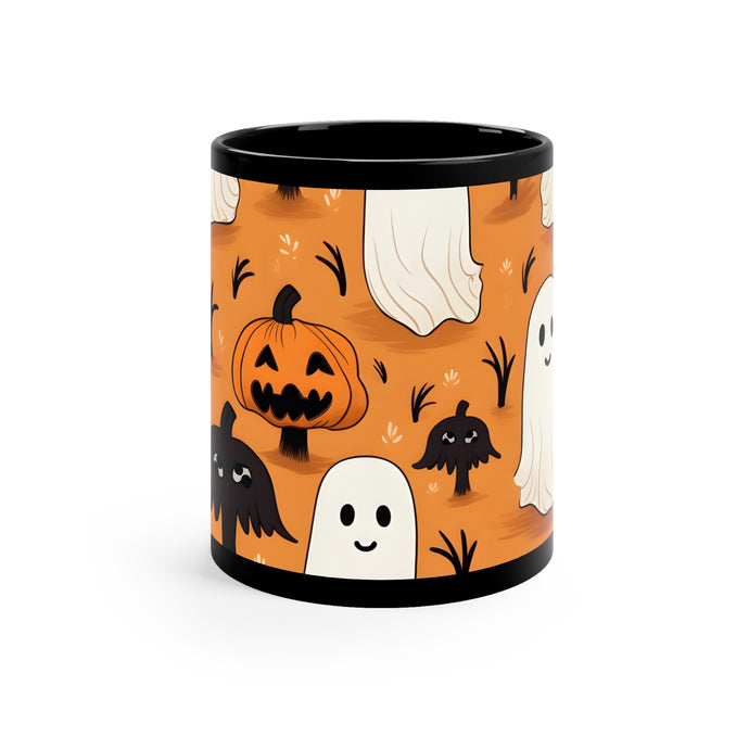 DistinctInk Black Coffee Mug - Ghost Skeleton Pumpkin Cartoons for Halloween