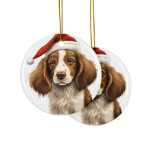 DistinctInk Hanging Ceramic Christmas Tree Ornament with Gold String - Great Gift/Present - 2 3/4 inch Diameter - Welsh Springer Spaniel Puppy Drawing Design