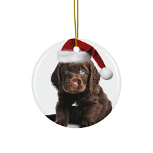 DistinctInk Hanging Ceramic Christmas Tree Ornament with Gold String - Great Gift/Present - 2 3/4 inch Diameter - American Water Spaniel Puppy Design