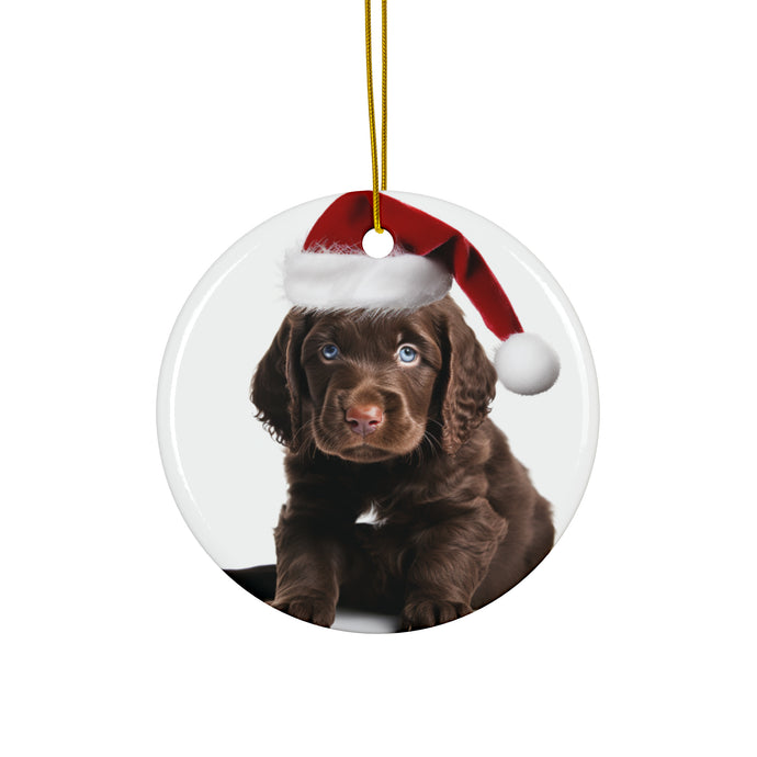 DistinctInk Hanging Ceramic Christmas Tree Ornament with Gold String - Great Gift/Present - 2 3/4 inch Diameter - American Water Spaniel Puppy Design