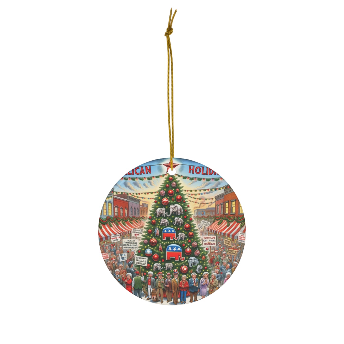 DistinctInk Hanging Ceramic Christmas Tree Ornament Charm with Gold String - Great Gift/Present - 2 3/4 inch Diameter - Republican Holiday Spirit