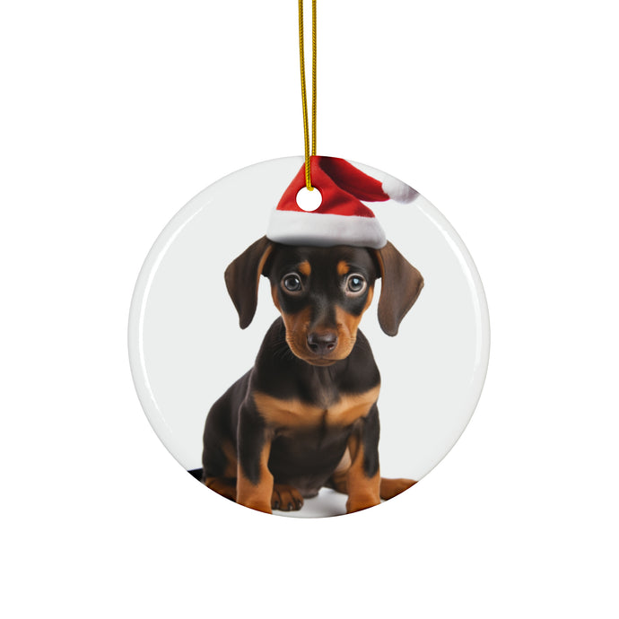 DistinctInk Hanging Ceramic Christmas Tree Ornament with Gold String - Great Gift/Present - 2 3/4 inch Diameter - German Pinscher Puppy Design