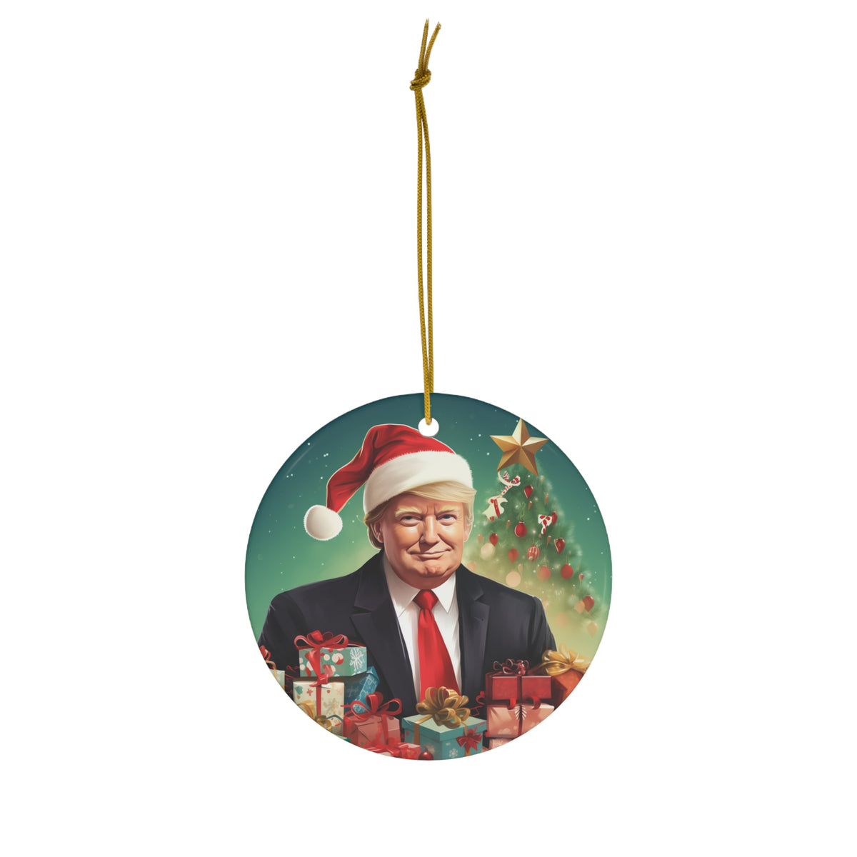 DistinctInk Hanging Ceramic Christmas Tree Ornament Charm with Gold String - Great Gift/Present - 2 3/4 inch Diameter - Trump's Festive Christmas Gifts