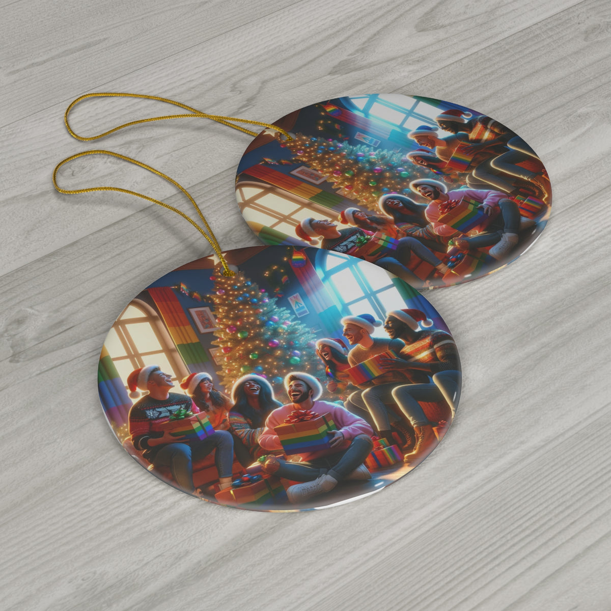 Hanging Ceramic Christmas Tree Ornament Charm with Gold String - Christmas Joy in Pride Colors, view 3