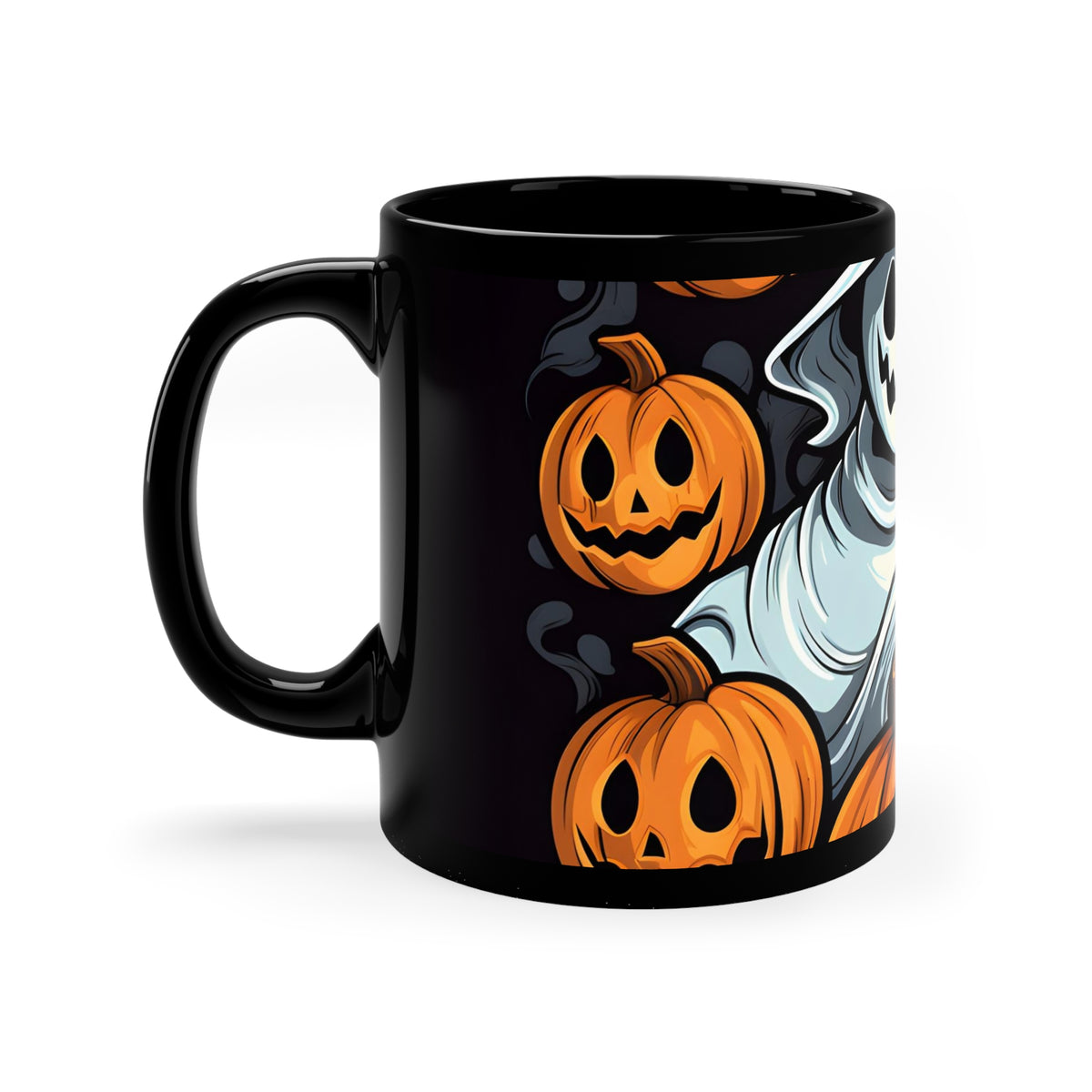 Black Coffee Mug - Spooky Skeletal Pumpkin Patch for Halloween, view 2