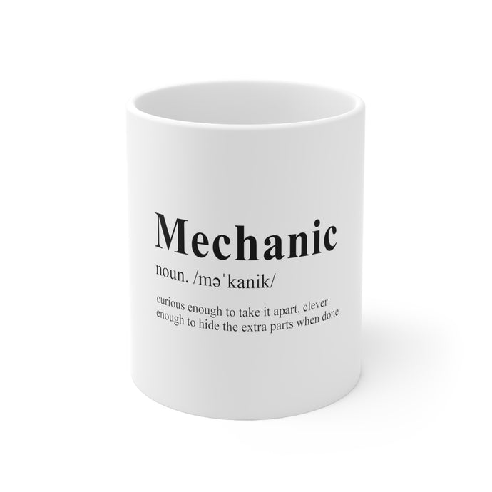 DistinctInk Glossy White Coffee / Tea Mug - Mechanic Definition Hide the Extra Parts