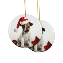 DistinctInk Hanging Ceramic Christmas Tree Ornament with Gold String - Great Gift/Present - 2 3/4 inch Diameter - Smooth Fox Terrier Puppy Design