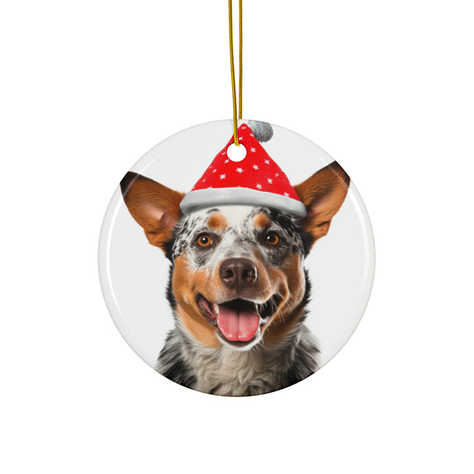 DistinctInk Hanging Ceramic Christmas Tree Ornament with Gold String - Great Gift/Present - 2 3/4 inch Diameter - Australian Cattle Dog Design