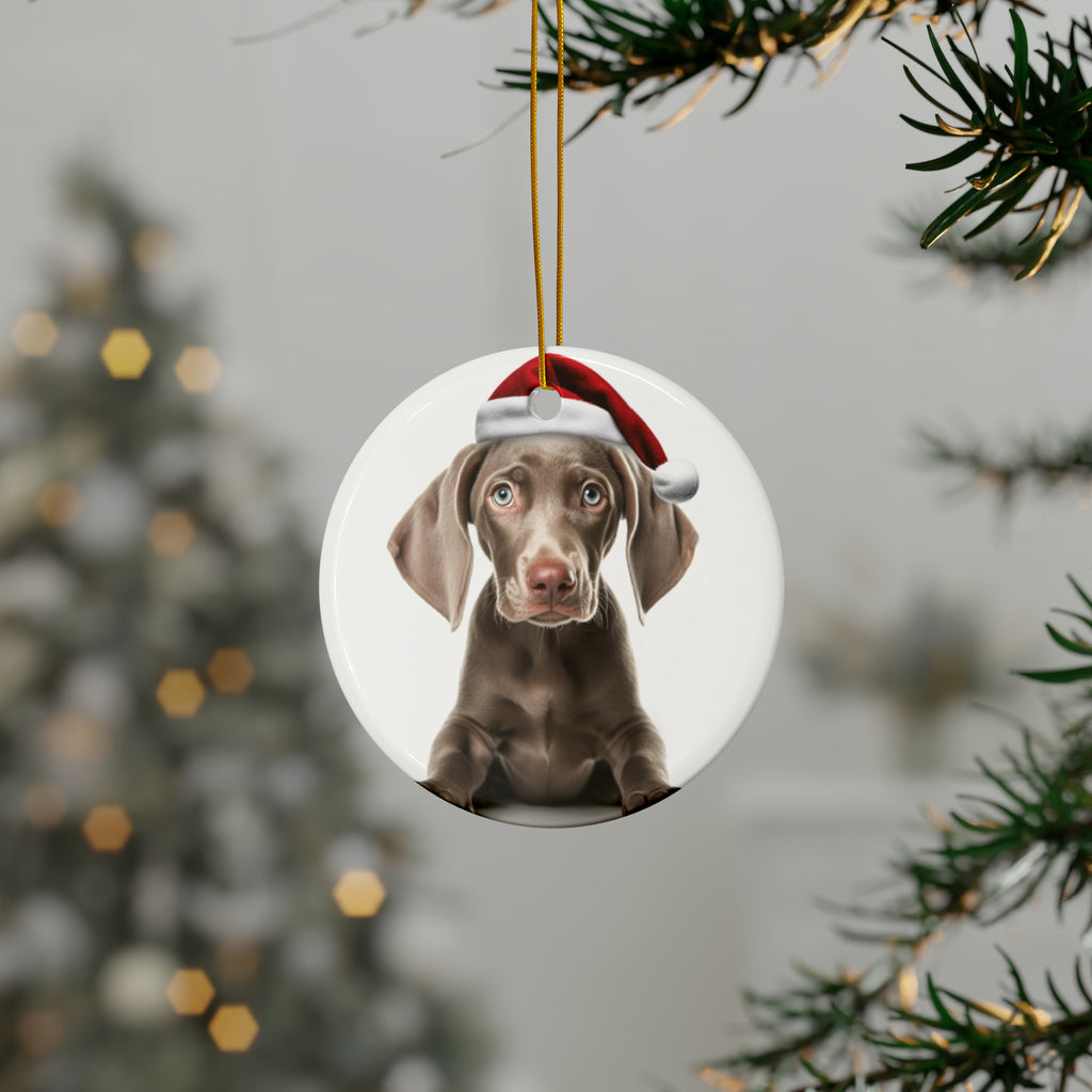 Hanging Ceramic Christmas Tree Ornament with Gold String - Weimaraner Puppy Design, view 3