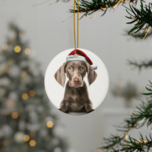 DistinctInk Hanging Ceramic Christmas Tree Ornament with Gold String - Great Gift/Present - 2 3/4 inch Diameter - Weimaraner Puppy Design