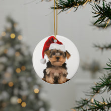 DistinctInk Hanging Ceramic Christmas Tree Ornament with Gold String - Great Gift/Present - 2 3/4 inch Diameter - Yorkshire Terrier Design