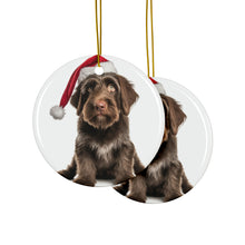DistinctInk Hanging Ceramic Christmas Tree Ornament with Gold String - Great Gift/Present - 2 3/4 inch Diameter - Wirehaired Pointing Griffon Puppy Design