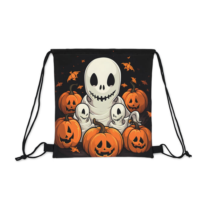 DistinctInk Drawstring Bag Backpack with Ghost Skeleton Pumpkin Pattern Design for Halloween