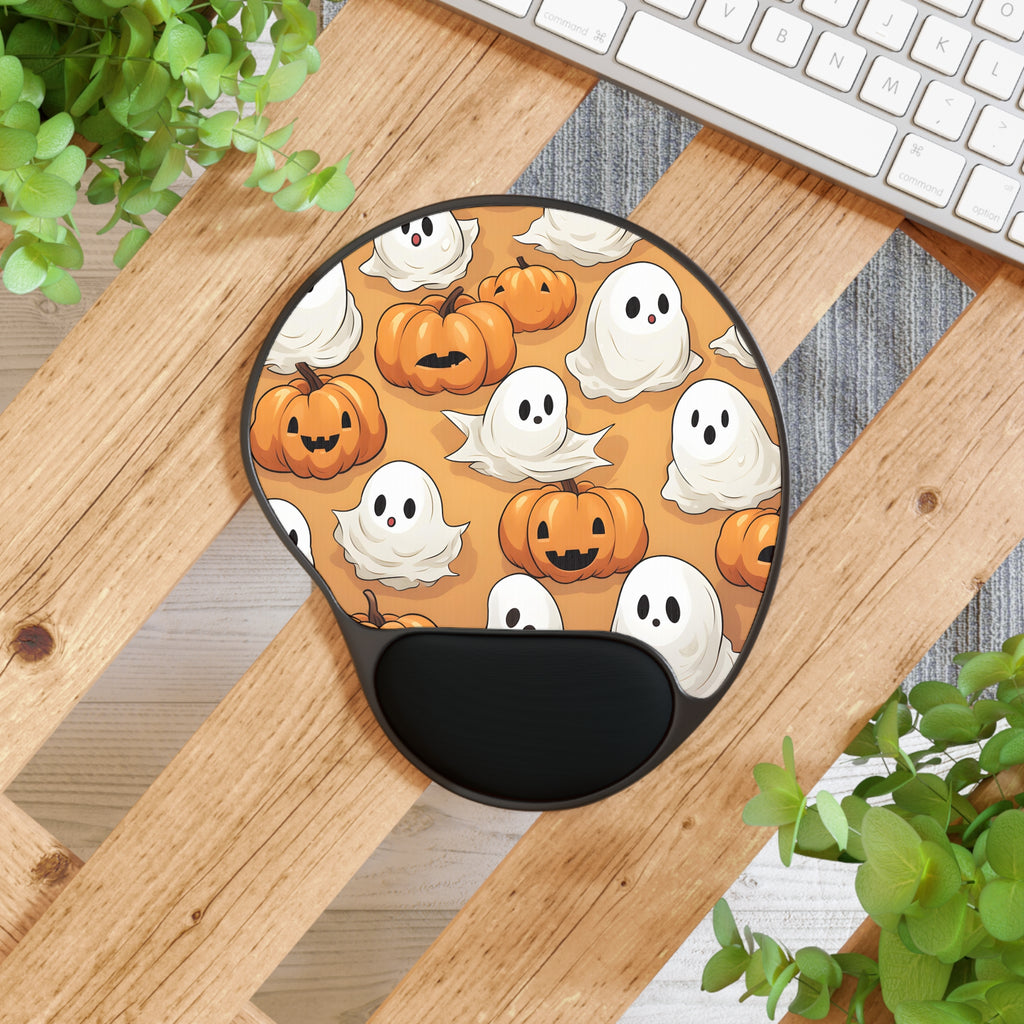 Mouse Pad with Wrist Rest with Ghostly Skeleton Pumpkin Patch Design for Halloween, view 4