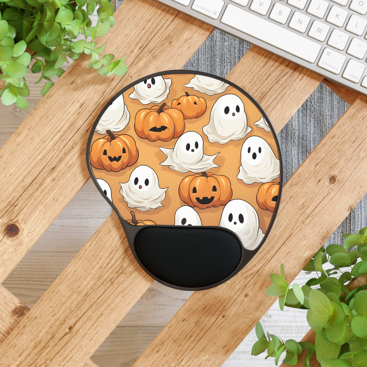 Mouse Pad with Wrist Rest with Ghostly Skeleton Pumpkin Patch Design for Halloween, view 4