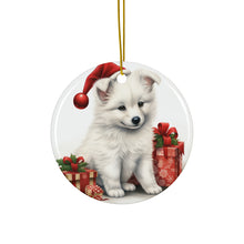 DistinctInk Hanging Ceramic Christmas Tree Ornament with Gold String - Great Gift/Present - 2 3/4 inch Diameter - American Eskimo Dog Puppy Drawing Design