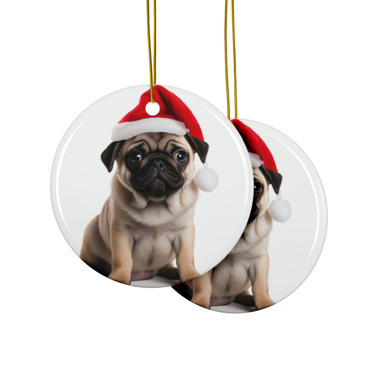 Hanging Ceramic Christmas Tree Ornament with Gold String - Pug Puppy Design, view 2