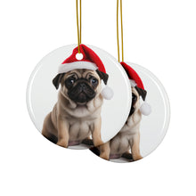 DistinctInk Hanging Ceramic Christmas Tree Ornament with Gold String - Great Gift/Present - 2 3/4 inch Diameter - Pug Puppy Design