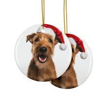 DistinctInk Hanging Ceramic Christmas Tree Ornament with Gold String - Great Gift/Present - 2 3/4 inch Diameter - Irish Terrier Design