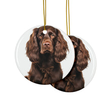 DistinctInk Hanging Ceramic Christmas Tree Ornament with Gold String - Great Gift/Present - 2 3/4 inch Diameter - Boykin Spaniel Design