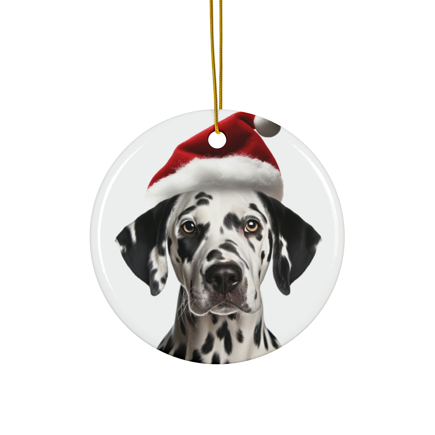 DistinctInk Hanging Ceramic Christmas Tree Ornament with Gold String - Great Gift/Present - 2 3/4 inch Diameter - Dalmatian Design