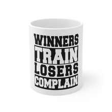 DistinctInk Glossy White Coffee / Tea Mug - Winners Train Losers Complain