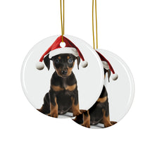 DistinctInk Hanging Ceramic Christmas Tree Ornament with Gold String - Great Gift/Present - 2 3/4 inch Diameter - German Pinscher Puppy Design