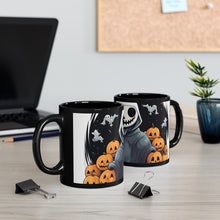 DistinctInk Black Coffee Mug - Skeleton Ghost and Pumpkin for Halloween