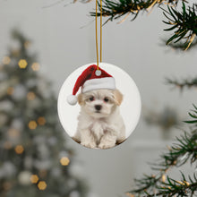 DistinctInk Hanging Ceramic Christmas Tree Ornament with Gold String - Great Gift/Present - 2 3/4 inch Diameter - Maltese Puppy Design