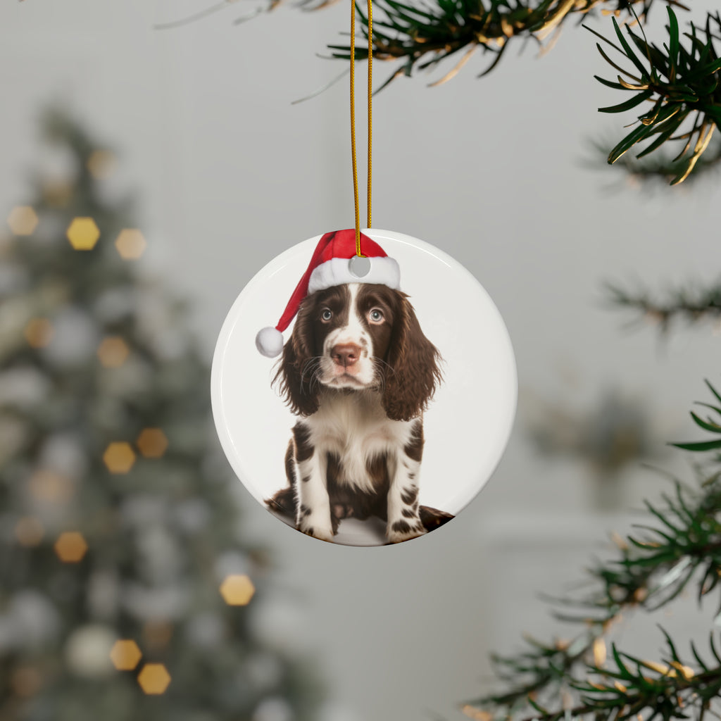 Hanging Ceramic Christmas Tree Ornament with Gold String - English Springer Spaniel Puppy Design, view 3