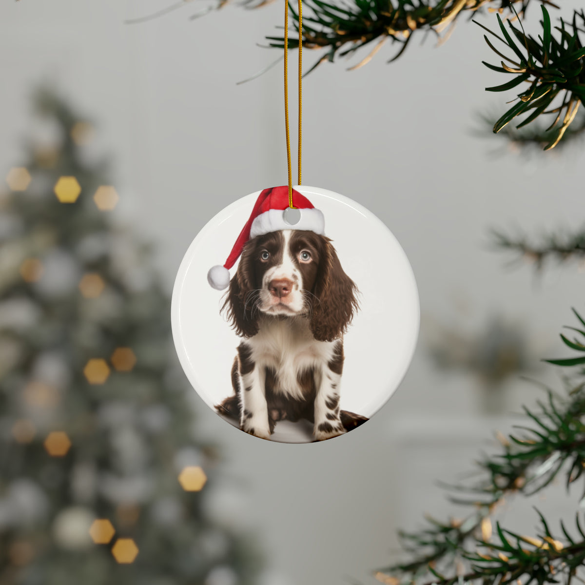 Hanging Ceramic Christmas Tree Ornament with Gold String - English Springer Spaniel Puppy Design, view 3