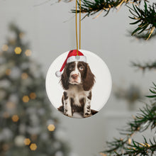 DistinctInk Hanging Ceramic Christmas Tree Ornament with Gold String - Great Gift/Present - 2 3/4 inch Diameter - English Springer Spaniel Puppy Design
