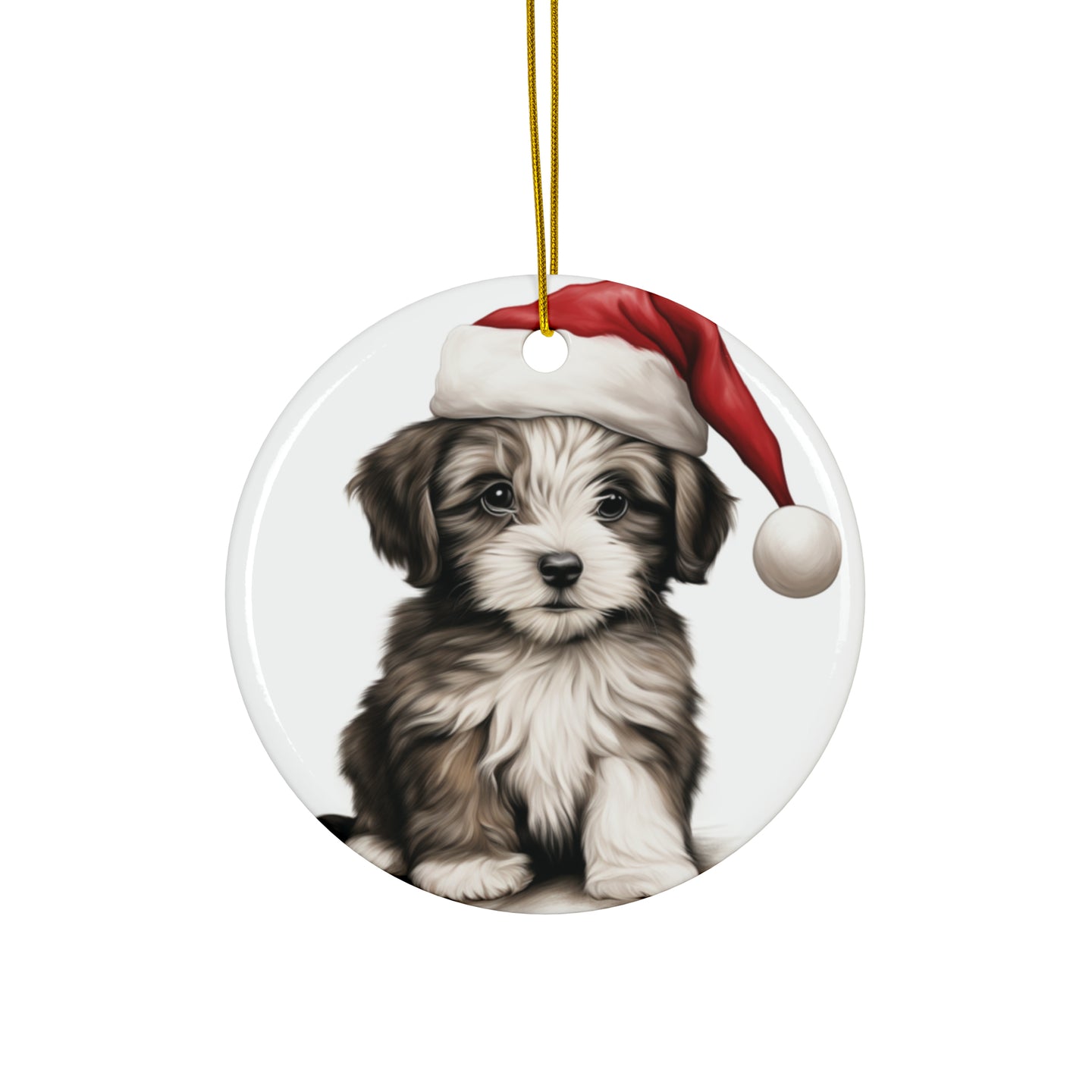 DistinctInk Hanging Ceramic Christmas Tree Ornament with Gold String - Great Gift/Present - 2 3/4 inch Diameter - Havanese Puppy Drawing Design