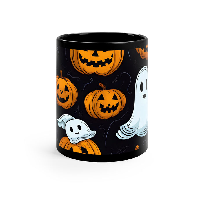 DistinctInk Black Coffee Mug - Ghost Skeleton Cartoon Pumpkin for Halloween