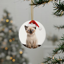 DistinctInk Hanging Ceramic Christmas Tree Ornament with Gold String - Great Gift/Present - 2 3/4 inch Diameter - Siamese Kitten Design