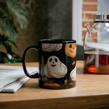DistinctInk Black Coffee Mug - Ghastly Skeleton Pumpkin Party for Halloween