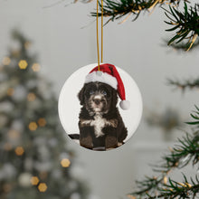 DistinctInk Hanging Ceramic Christmas Tree Ornament with Gold String - Great Gift/Present - 2 3/4 inch Diameter - Barbet Puppy Design