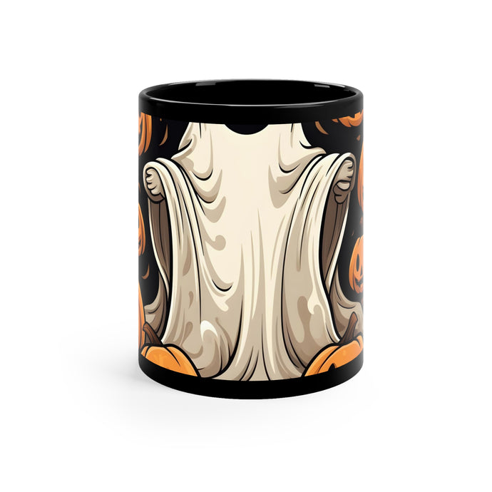 DistinctInk Black Coffee Mug - Ghastly Skeletal Pumpkin Patch for Halloween