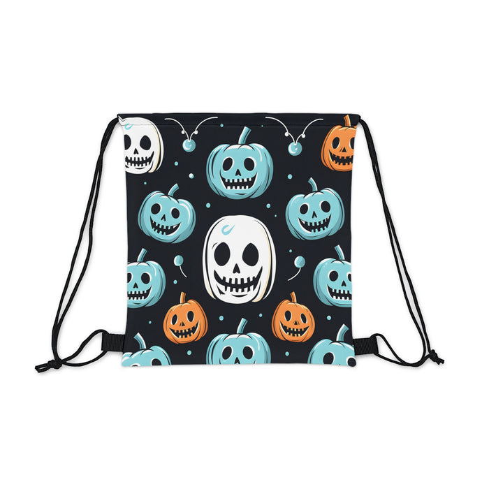 DistinctInk Drawstring Bag / Backpack with Skele-Ghostly Pumpkin Patch Design for Halloween