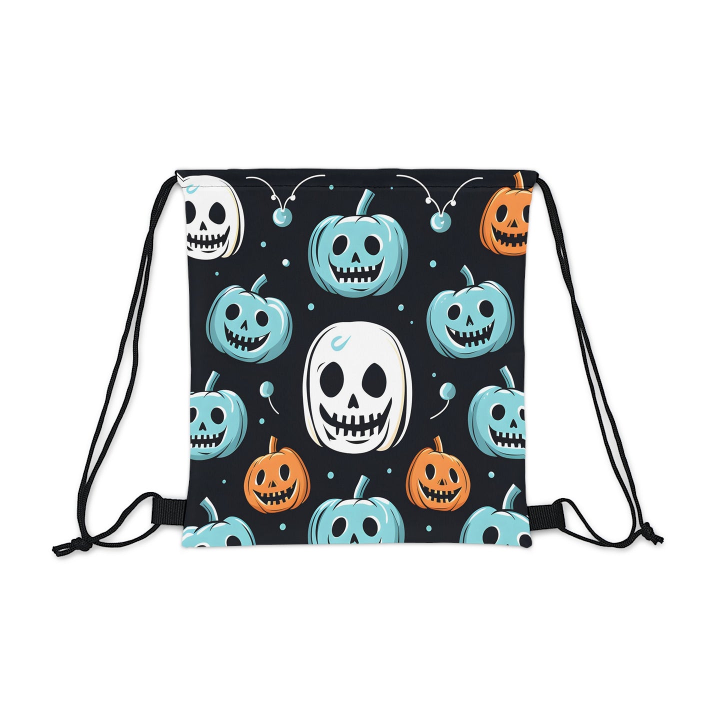 DistinctInk Drawstring Bag / Backpack with Skele-Ghostly Pumpkin Patch Design for Halloween