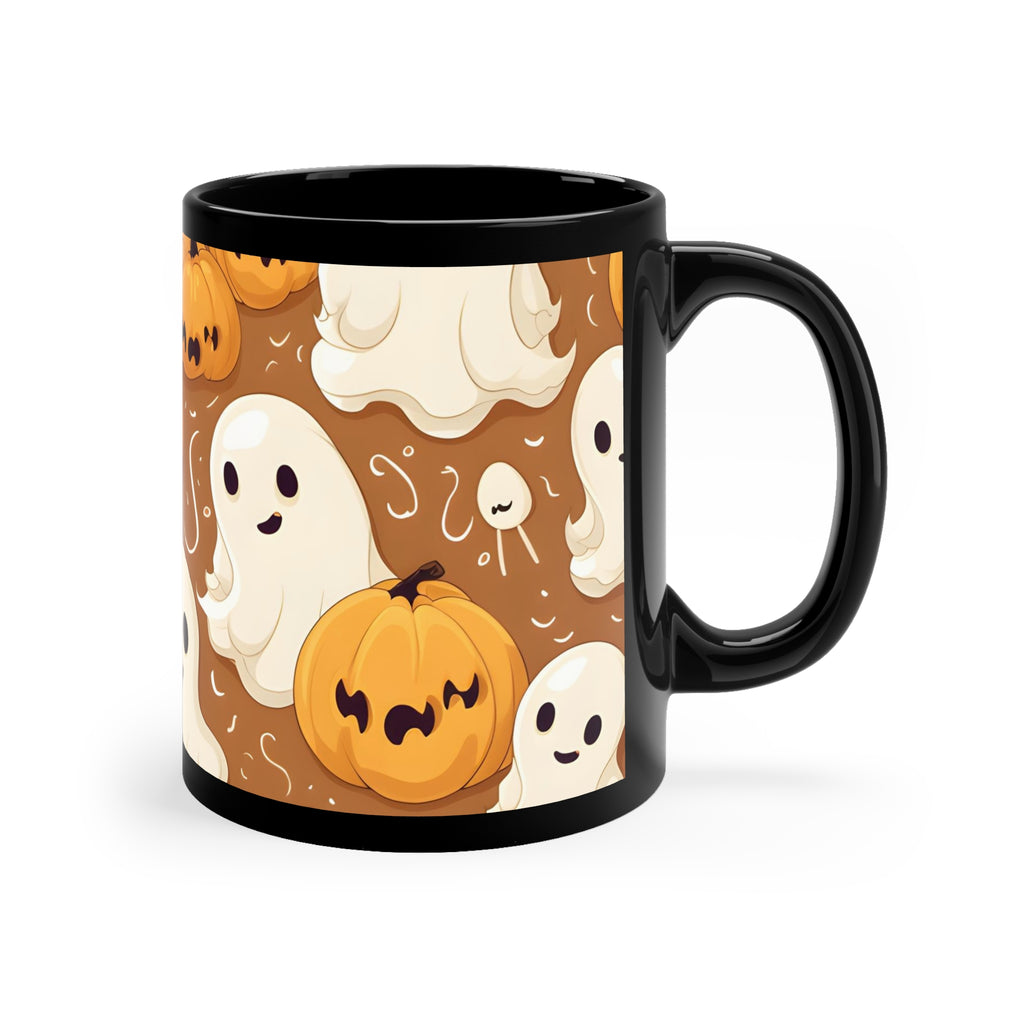 Black Coffee Mug - Ghastly Skeleton Pumpkin Cartoon for Halloween, view 3