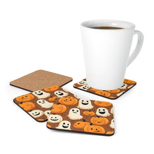 DistinctInk (Set of 4) Corkwood Coasters with "Boo-ttifull Skeleton Cartoon Pattern Pumpkin"Design for Halloween