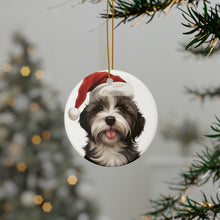 DistinctInk Hanging Ceramic Christmas Tree Ornament with Gold String - Great Gift/Present - 2 3/4 inch Diameter - Tibetan Terrier Puppy Drawing Design