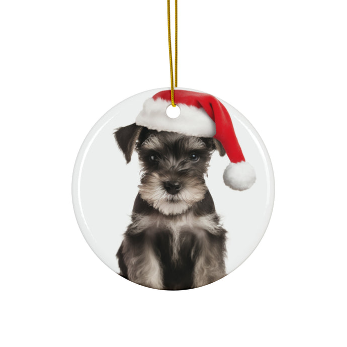 DistinctInk Hanging Ceramic Christmas Tree Ornament with Gold String - Great Gift/Present - 2 3/4 inch Diameter - Miniature Schnauzer Puppy Design
